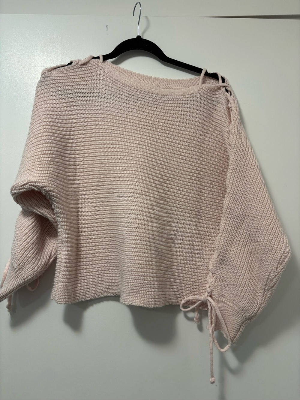 Women's Light Pink Hand Knit Handmade Sweater with Lace-Up Sleeve Details